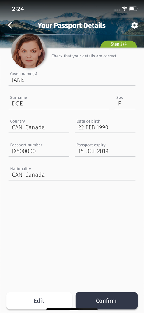 NZeTA - Pantalla de la aplicación NZeTA que muestra la verificación de la información del pasaporte, incluyendo el nombre y el número de pasaporte.