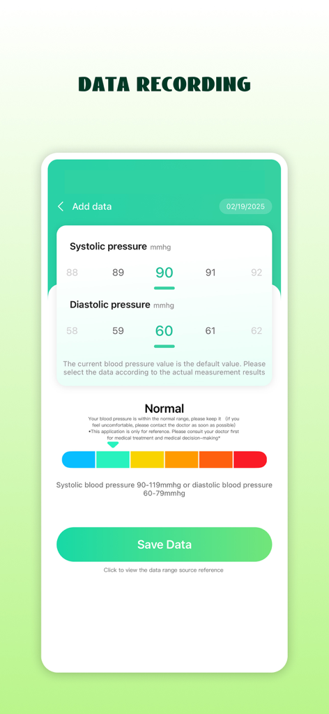 Blood Pressure Health Monitor - A mobile app interface for recording blood pressure readings with systolic and diastolic entry fields and a color coded health status indicator.