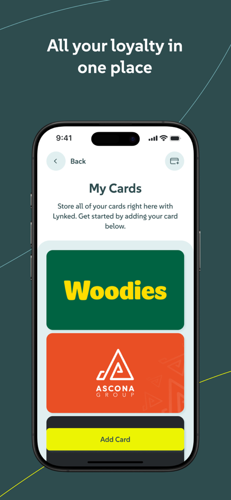 Lynked Loyalty - Lynked Loyalty mobile app screen showing a digital wallet containing several merchant loyalty cards in one place
