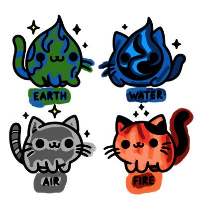 4 cats that represent the different elements, earth, water, air, and fire