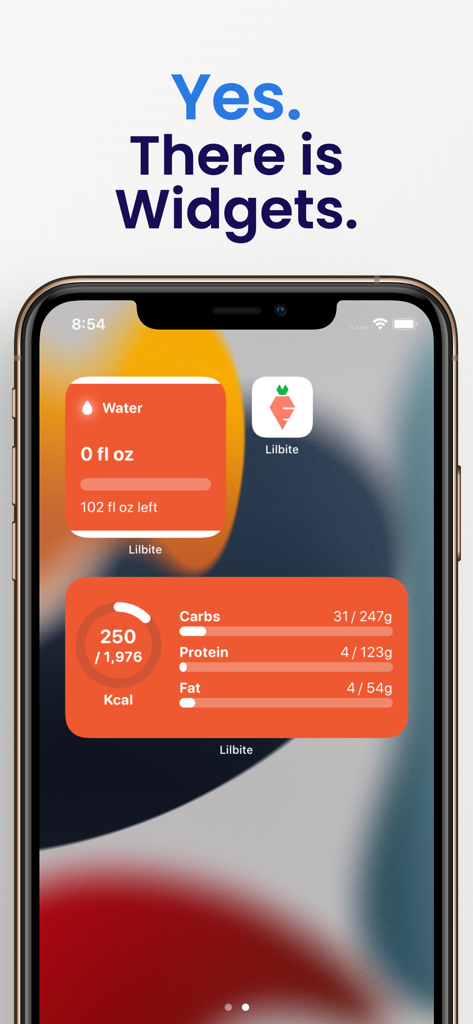 Food Diary - Lilbite - Widgets de la aplicación Lilbite en un iPhone mostrando el progreso del rastreo de ingesta calórica y de agua