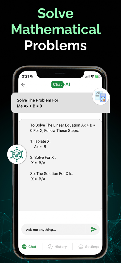 AI Chat: Smart AI Assistant - Mobile app screenshot showing AI Chat solving a mathematical linear equation step by step.