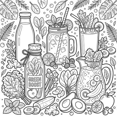 Embrace a wave of wellness with our 'Green Smoothies & Juices' coloring page, brimming with vibrant beverages and fresh, wholesome ingredients. This delightful template offers a refreshing escape, perfect for anyone seeking a healthy and creative outlet.