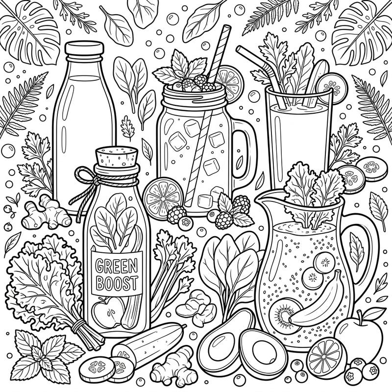 Embrace a wave of wellness with our 'Green Smoothies & Juices' coloring page, brimming with vibrant beverages and fresh, wholesome ingredients. This delightful template offers a refreshing escape, perfect for anyone seeking a healthy and creative outlet.