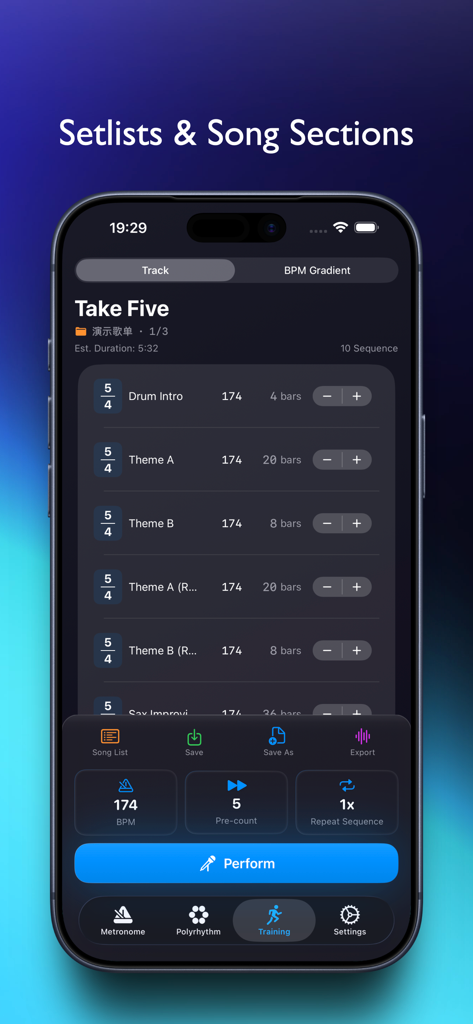 FlowBeats - FlowBeats app interface showing a custom setlist with song sections time signatures and bar counts in training mode