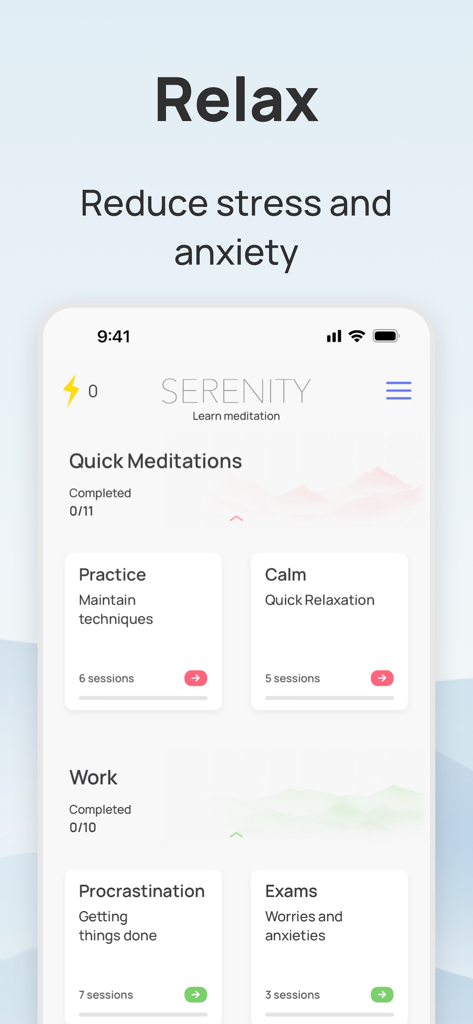 Interfaccia dell'app di meditazione Serenity che mostra brevi meditazioni per lo stress e il lavoro