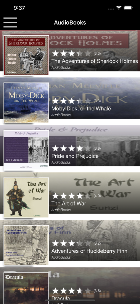Captura de pantalla de la aplicación AudioBooks mostrando una lista de títulos de literatura clásica gratuita, incluyendo Sherlock Holmes y Moby Dick, con calificaciones.
