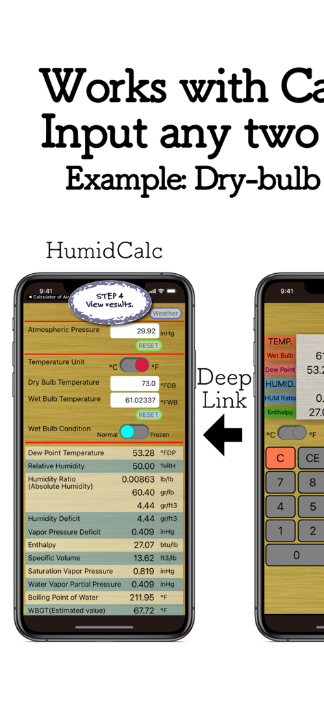 Application mobile HumidCalc affichant les résultats de calcul de l'humidité et de la température