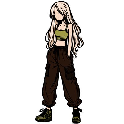 girl in baggy pants crop top and long hair