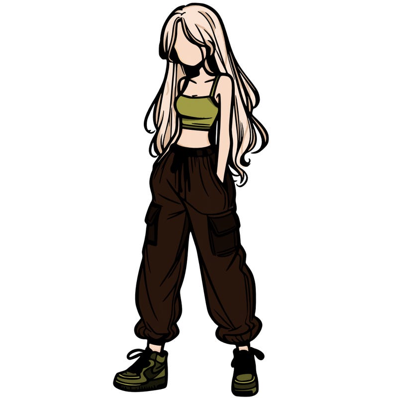 girl in baggy pants crop top and long hair