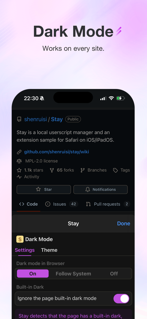 Stay for Safari - Stay for Safari App zeigt die aktivierte Dark-Mode-Funktion auf einer GitHub-Seite mit Anpassungseinstellungen