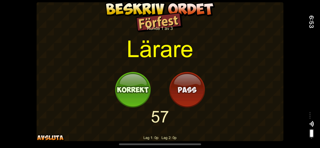 Gameplay screen of the Beskriv Ordet Forfest party game showing the word Larare with correct and pass buttons.