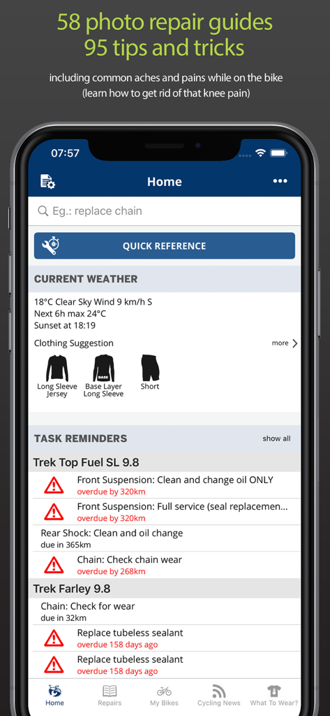 Home screen of the Bike Repair app showing current weather clothing suggestions and bike maintenance task reminders
