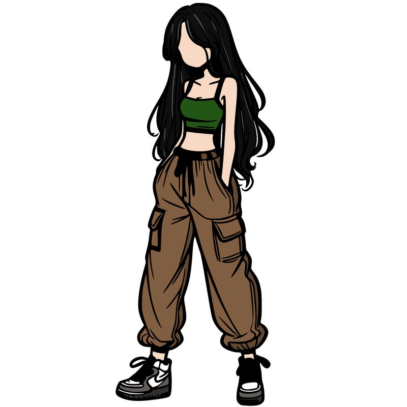 girl in baggy pants crop top and long hair