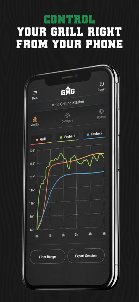 GMG Prime App - Smartphone-Bildschirm zeigt die GMG Prime App zur Überwachung von Grill- und Fleischfühler-Temperaturen