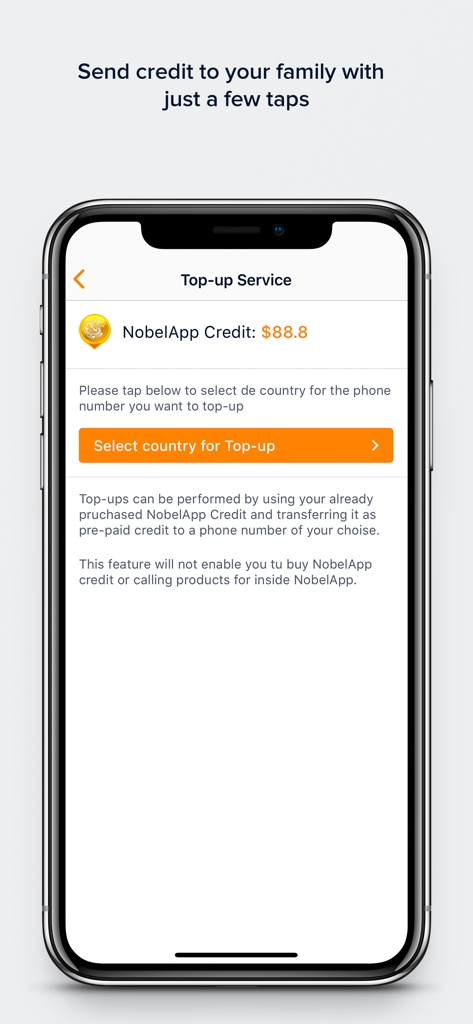 NobelApp Calls and Top Ups - NobelApp interface showing the top up service screen to send mobile credit to family members worldwide.