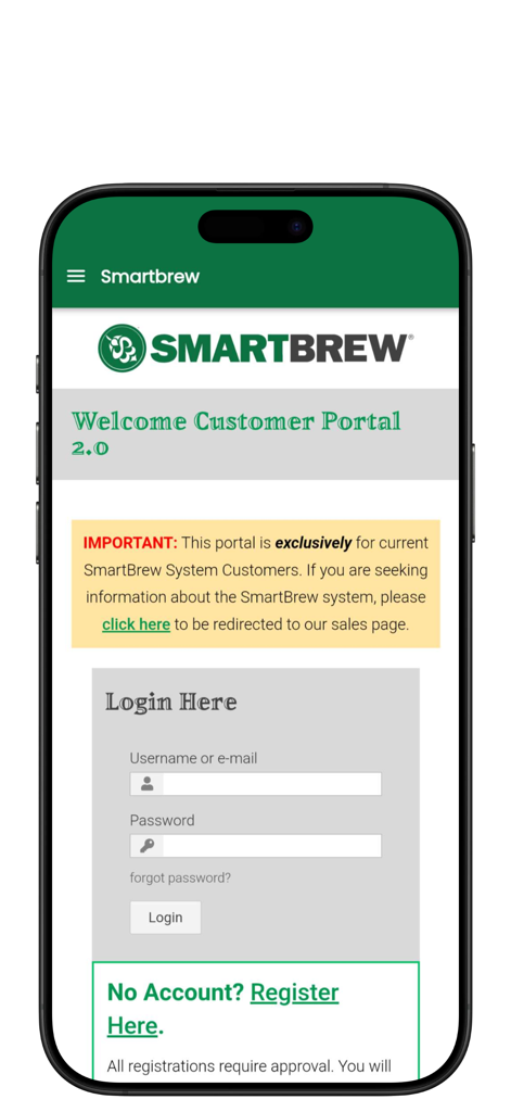 SmartBrew - SmartBrew customer portal login screen with fields for username and password