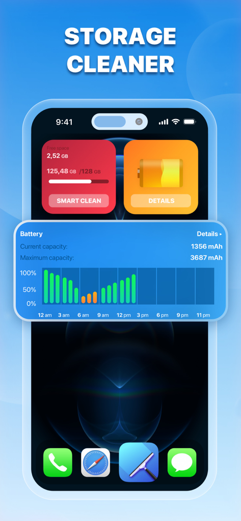 Cleaner AI - Mobile Security - Interface of Cleaner AI app showing iPhone storage space management and detailed battery capacity monitoring