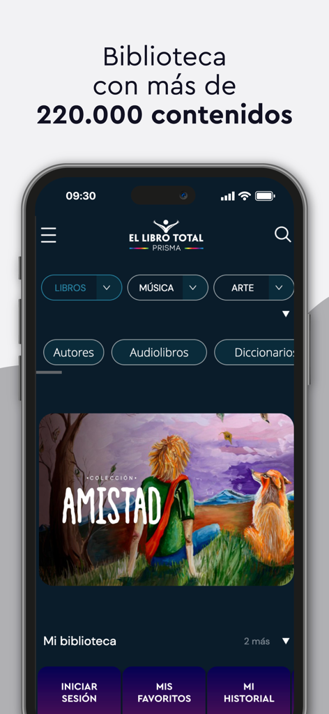 El Libro Total - The home screen of El Libro Total app displaying categories for books music art and a featured book collection titled Amistad