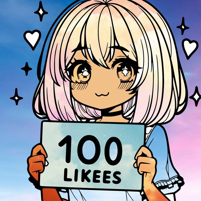 anima girl holding a 100 likes sign in her hand