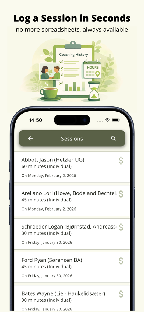 A mobile app interface displaying a chronological list of logged coaching sessions with client names and durations
