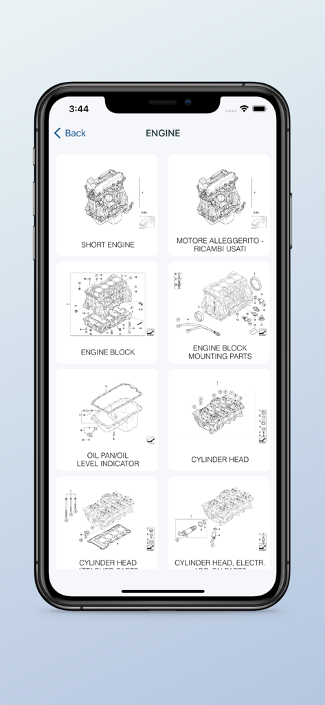 Exploded-view diagrams of BMW engine components in the BimmerRefs app including engine block and cylinder head