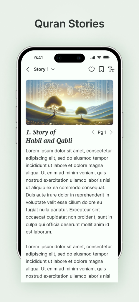 Quran Stories in Islam - Quran Stories mobile app screen showing a story with text and illustration on a smartphone