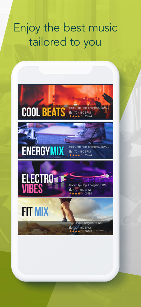 7 Minute Workout by C25K® - Pantalla de selección de música de la aplicación 7 Minute Workout que muestra listas de reproducción curadas con información de BPM.