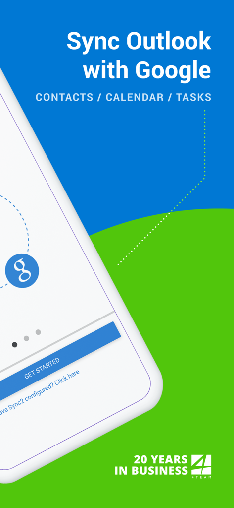 Sync2 app splash screen showing Outlook synchronization with Google for contacts, calendar, and tasks