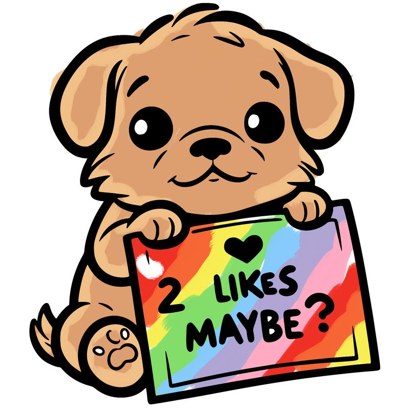 a puppy holding a sign that says 2 likes maybe?