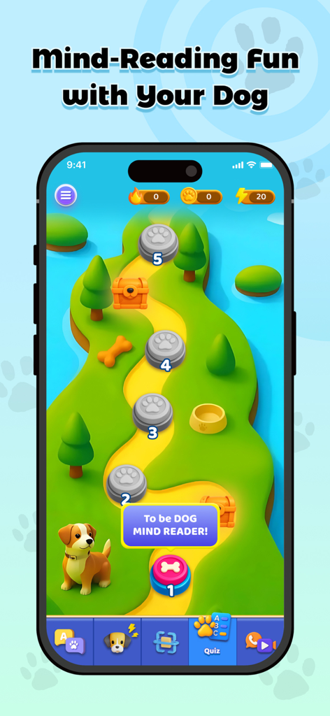 Dog Translator: Games For Pets - A gamified map screen for a dog quiz game where users can become a dog mind reader.