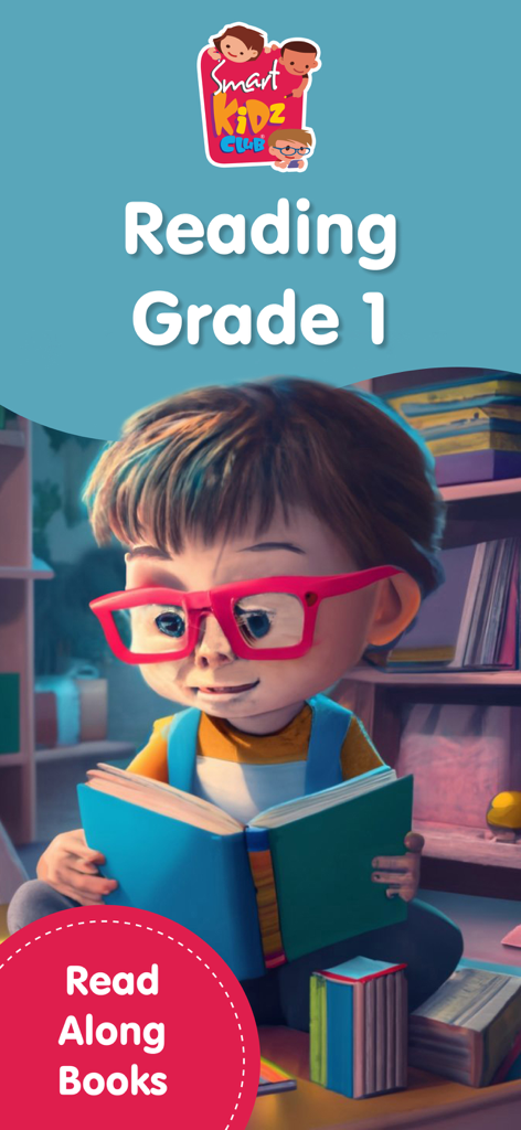 A young child reading a book in the first grade reading app