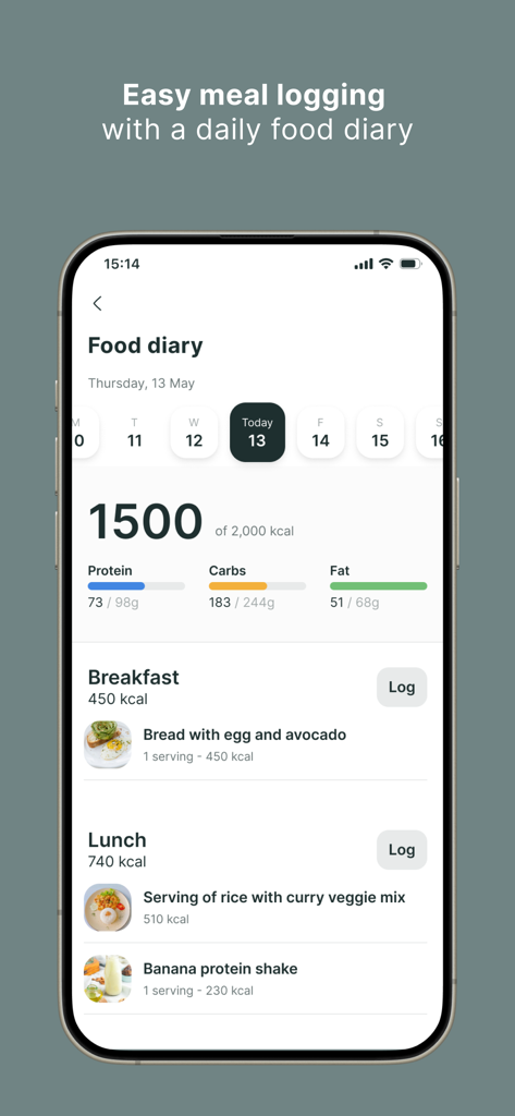 Lenus eHealth mobile app food diary interface showing daily calorie intake and macronutrient tracking