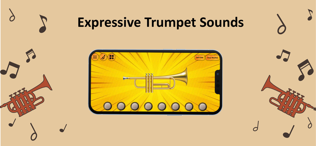 Trumpet Maestro - Trumpet Maestro app interface showing a virtual trumpet on a smartphone screen with the headline Expressive Trumpet Sounds