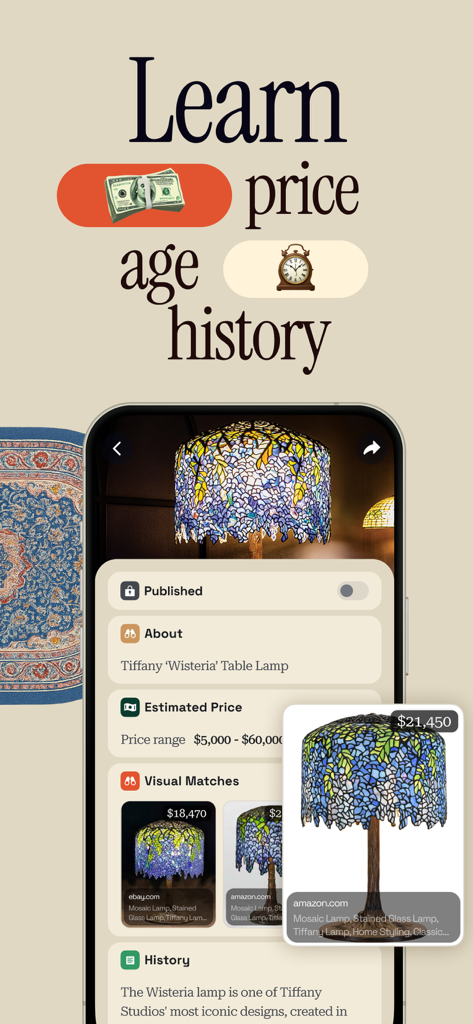 Antique Identifier Zophi - Interfaz de la aplicación Zophi que muestra la estimación de precios y coincidencias visuales para una lámpara de mesa Tiffany Wisteria