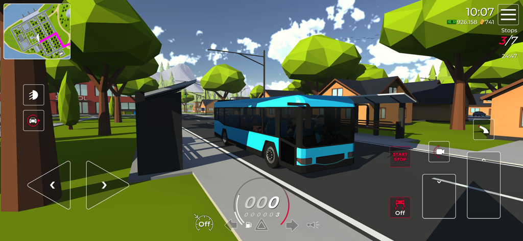 Cars LP - Extreme Car Driving - A blue bus parked at a suburban bus stop in the Cars LP open world simulation game