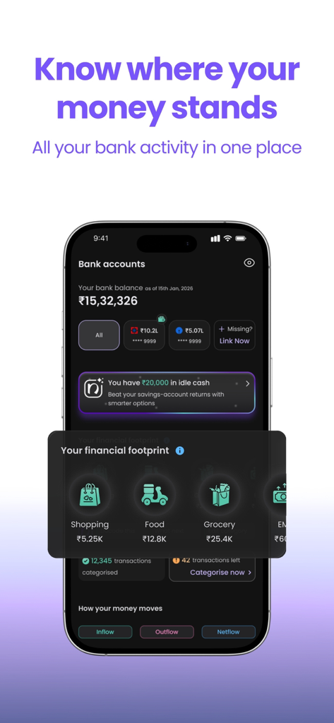 Novelty Wealth: Money Planner - Novelty Wealth Money Planner app showing bank account balance and categorized spending footprint.