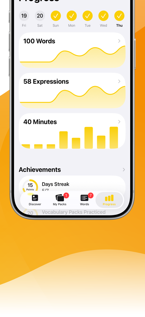 語数、表現、毎日の学習時間チャートを示す言語学習の進捗画面