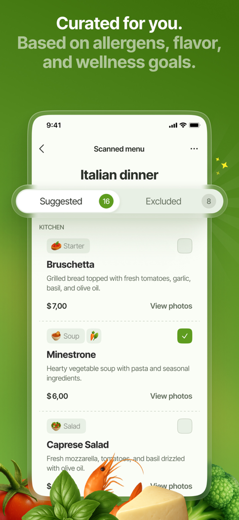 Thomas AI: Eat Smart & Healthy - Thomas AI app showing curated meal suggestions from an Italian menu based on wellness goals