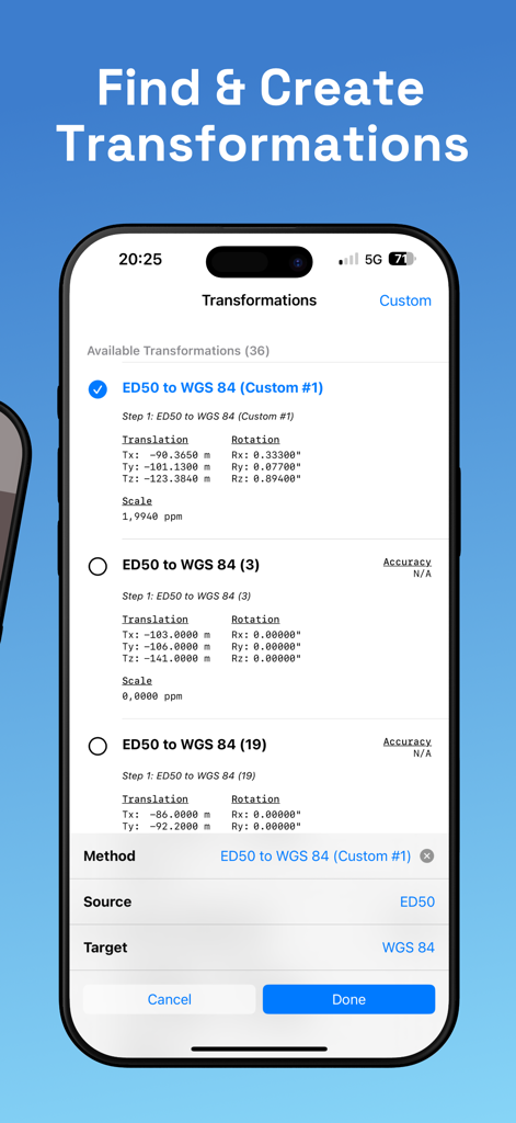 CoordCap: Capture & Convert - CoordCap app interface showing options for coordinate reference system transformations
