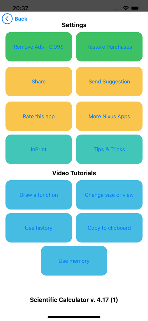 Scientific Calculator Premium - Settings menu of Scientific Calculator Premium showing ad removal options and video tutorials.