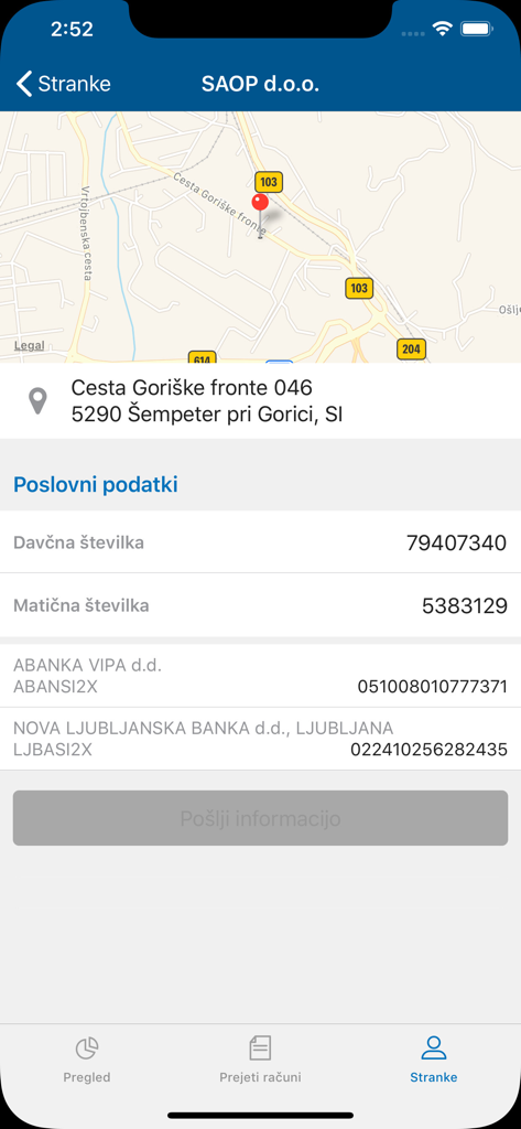Minimax Accounting mobile app displaying a client profile with map location and business tax details.