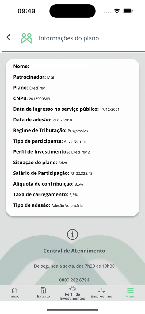 연금 플랜 세부 정보 및 고객 지원 연락처를 보여주는 Funpresp 앱 인터페이스.