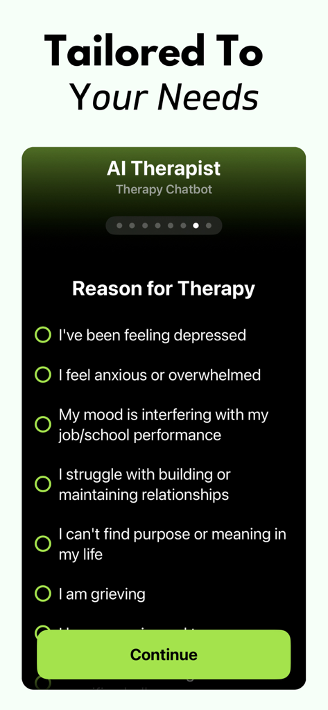 AI Therapist: Therapy Chatbot - AI Therapist app onboarding screen showing a list of mental health concerns to select from