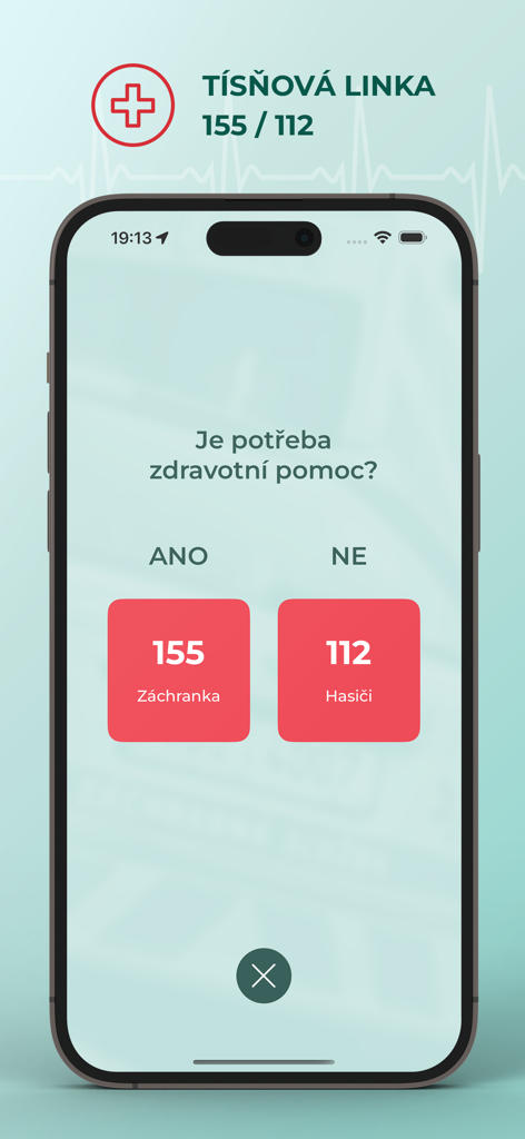 Mobile app screen showing emergency call options for ambulance and fire services in the Zachranka app
