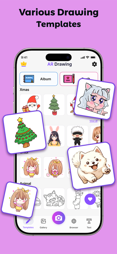 AR Drawing - Draw Sketch - Un smartphone mostrando una variedad de plantillas de dibujo para la aplicación AR Drawing, incluyendo personajes de anime, animales y temas navideños.