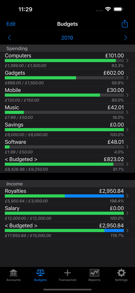 Account Tracker Pro budgets tab showing spending and income progress bars