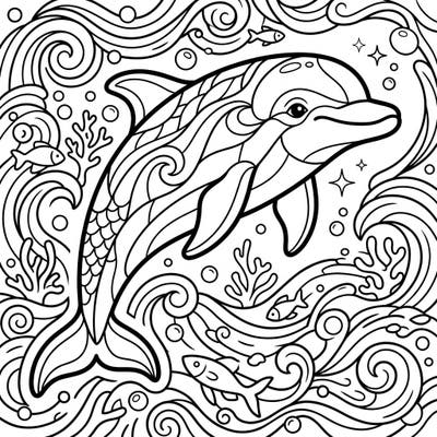 Explore the depths with this captivating Bottlenose Dolphin coloring page. Featuring a playful dolphin surrounded by intricate waves and marine life, it's perfect for a relaxing creative session.