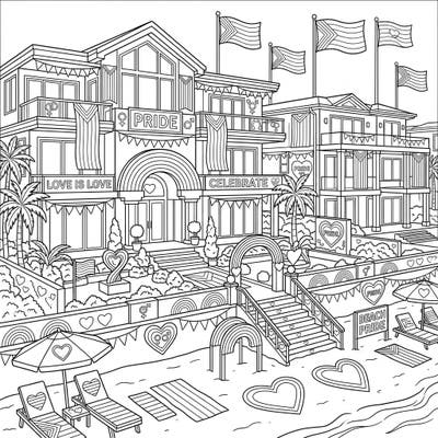 Dive into a vibrant celebration with our Pride-themed beachfront mansions coloring page. This intricate design features luxurious homes adorned with rainbow flags, 'Love is Love' banners, and festive decorations, perfect for honoring Pride Month.