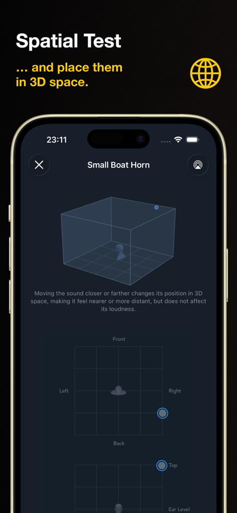 Sound test for Dolby Atmos - Oberfläche zur Positionierung von Schallobjekten im 3D-Raum während eines Dolby Atmos räumlichen Audiotests